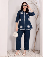 Navy Blue Embroidered Ethnic Co-Ord Set For Women