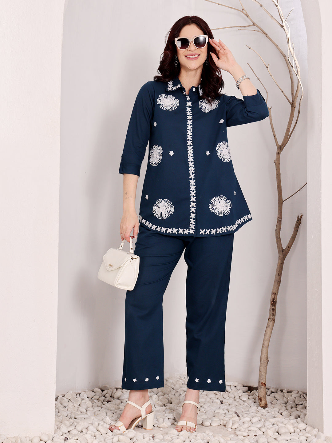 Navy Blue Embroidered Ethnic Co-Ord Set For Women