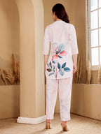 White Floral Print Kurta Set With Red Tassel Detail