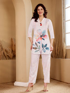 White Floral Print Kurta Set With Red Tassel Detail