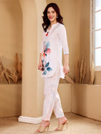 White Floral Print Kurta Set With Red Tassel Detail