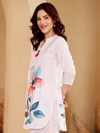 White Floral Print Kurta Set With Red Tassel Detail