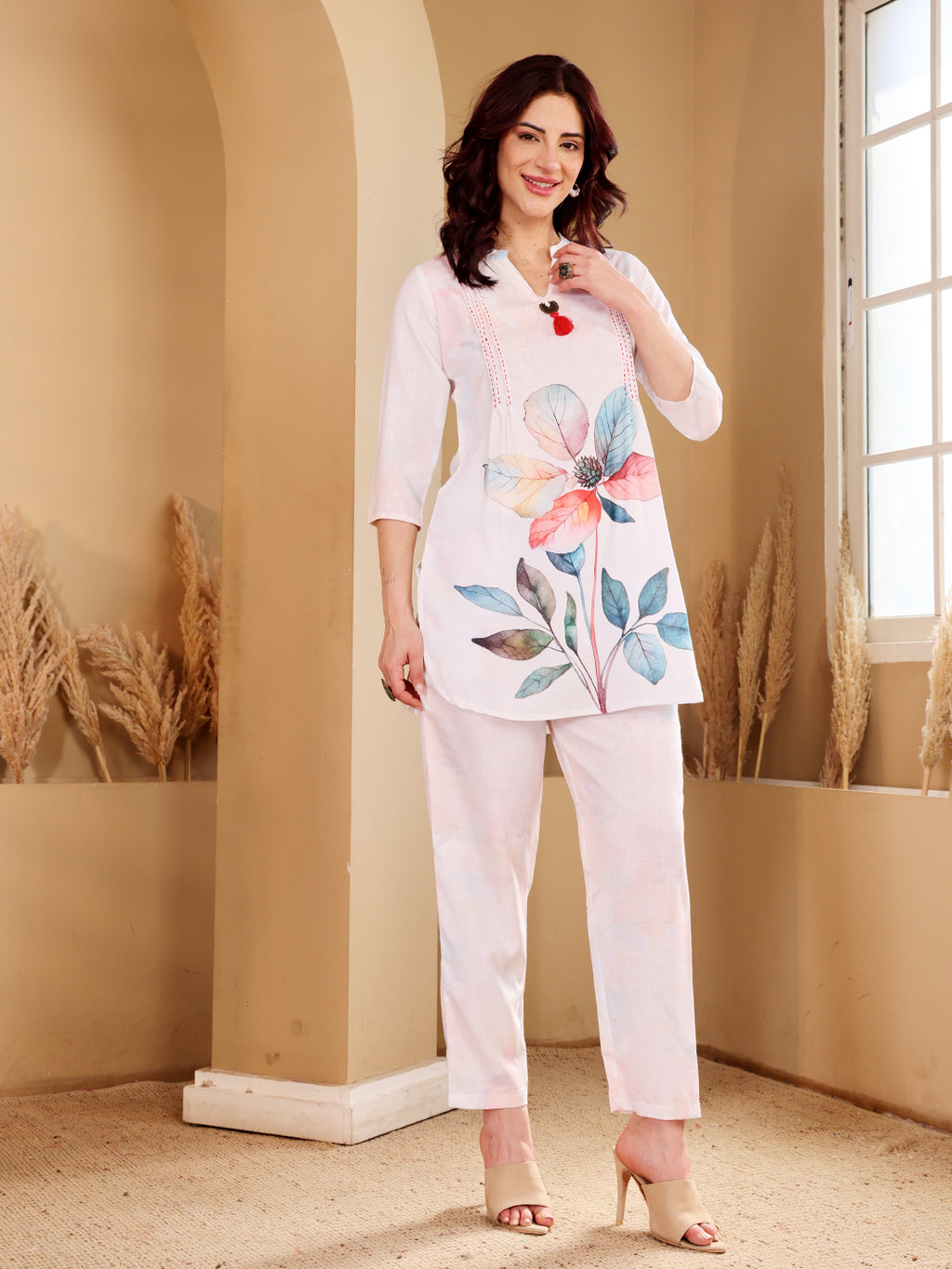 White Floral Print Kurta Set With Red Tassel Detail