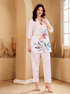 White Floral Print Kurta Set With Red Tassel Detail
