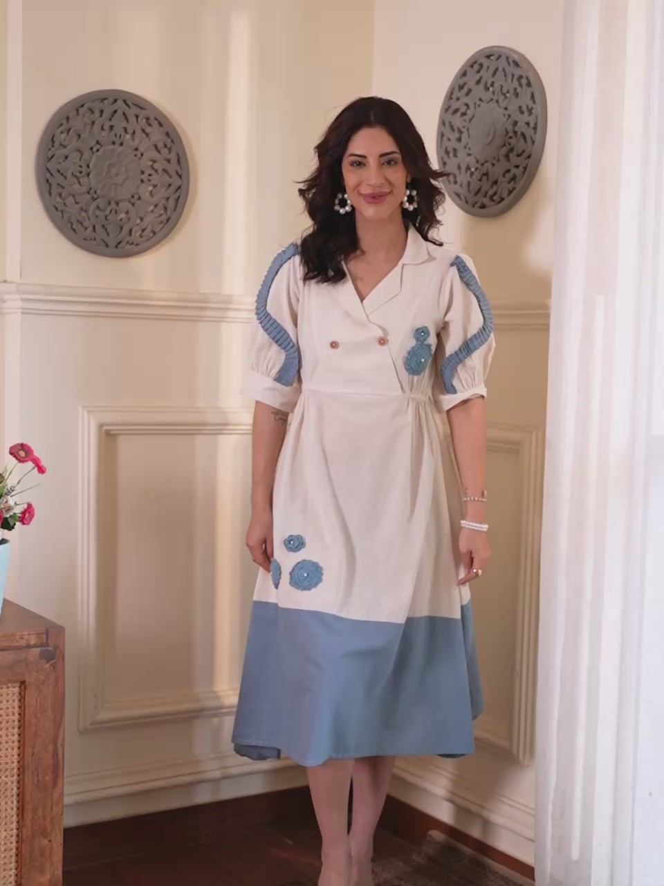 White And Blue Color Block Midi Dress With Floral Embroidery