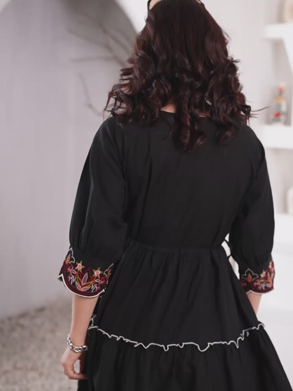 Black Embroidered Boho Mini Dress With Floral Details