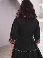 Black Embroidered Boho Mini Dress With Floral Details
