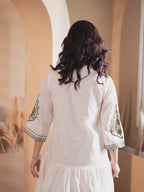 White Embroidered Short Dress With Green Paisley Motifs