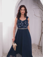Navy Blue Embroidered Midi Dress With Belt For Women