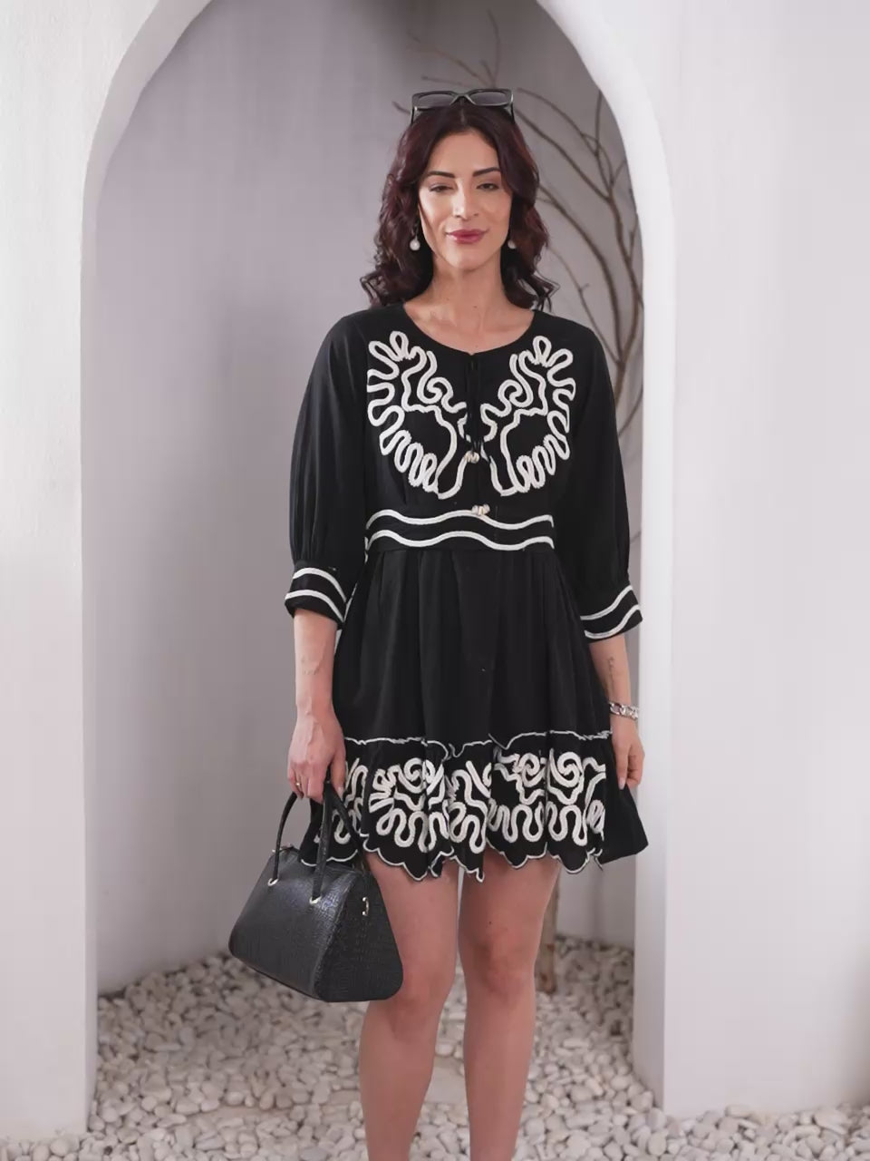 Black Embroidered Dress With White Trim For Women