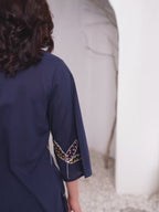 Navy Blue Embroidered Butterfly Cotton Kurta Set For Women