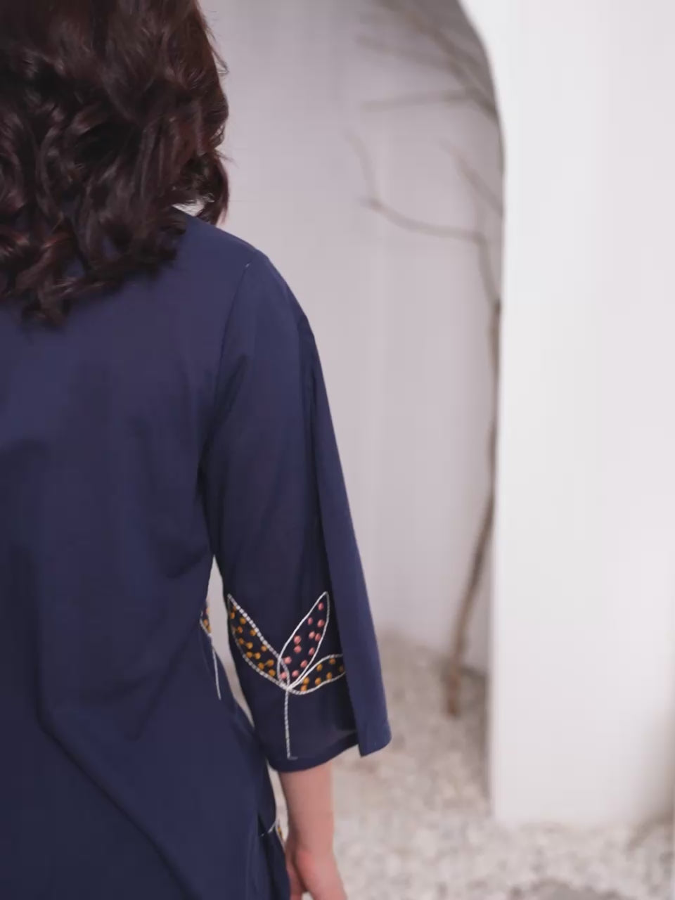 Navy Blue Embroidered Butterfly Cotton Kurta Set For Women